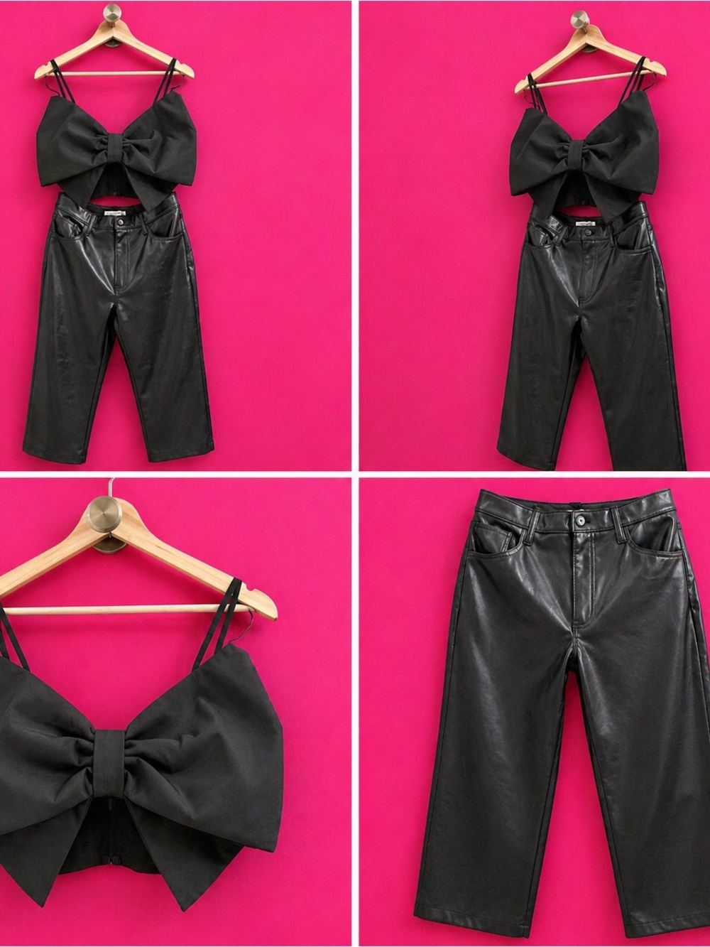 🛍️🦆👀😍😍Black Bow Crop Top & Faux Leather Culottes Set